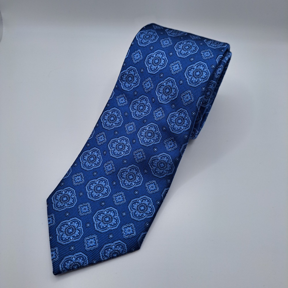 David Donahue Silk Tie Mens OS Blue Floral Medallion Woven Italy Handmade USA